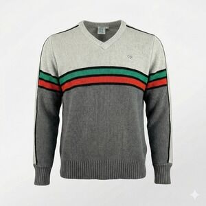 Vintage 90s Ocean Pacific OP Weather Wear Sweater Youth XL Grey Striped V-Neck